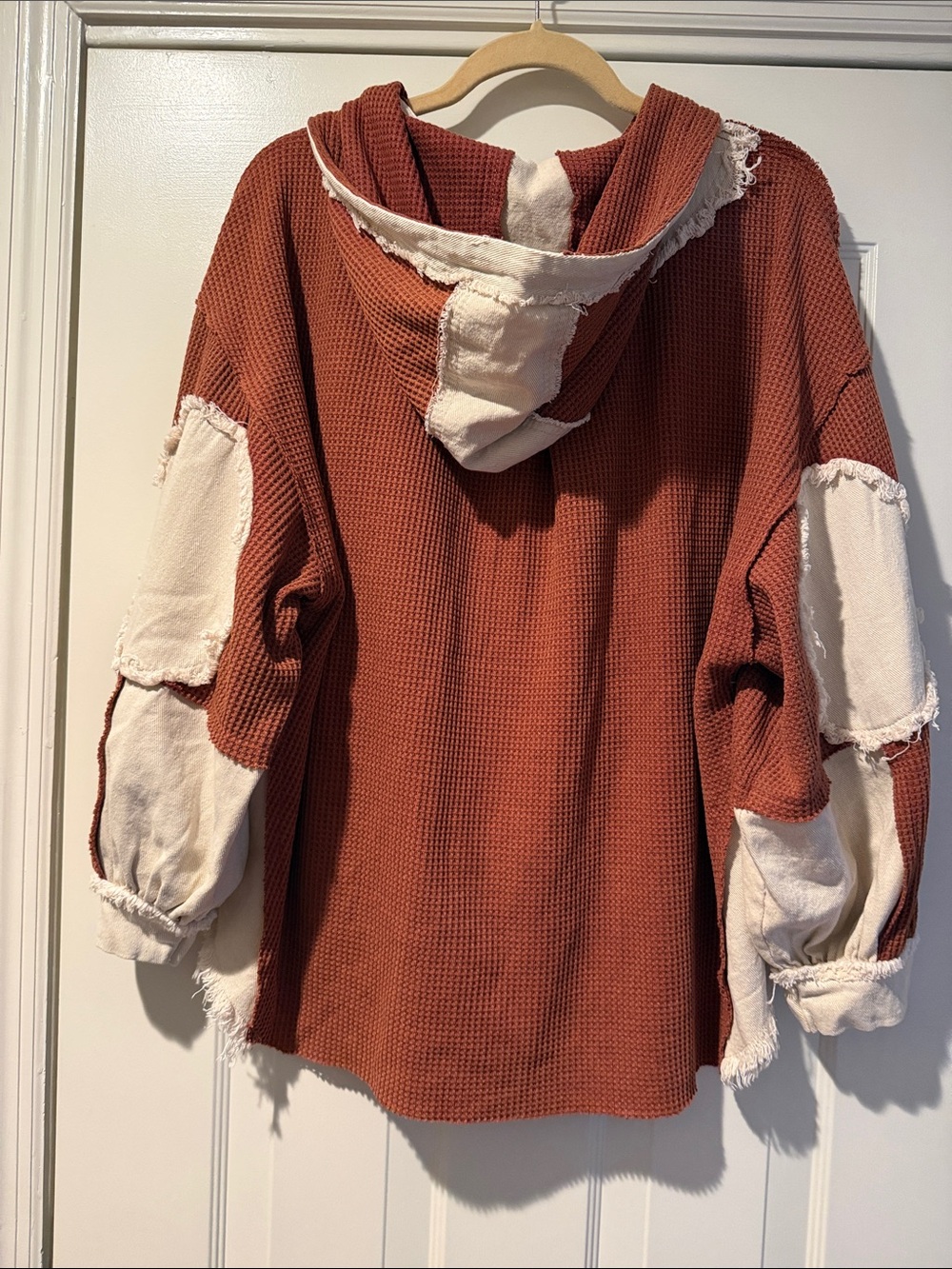 POL Waffle-Knit Hood Shacket Long Back Tassel Tie Oversized Fray Edges Slouchy S - Picture 5 of 14